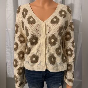 Pretty Boutique AZ cream brown flower crochet button up cardigan sweater NWOT